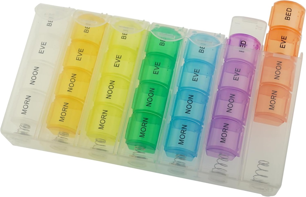 Pop Up Weekly Pill Organizer 4 fois par jour — Grand cas de pilule de voyage w/ 28 Compartiment pour maintenir les médicaments, la vitamine et le supplément — Pill Box 7 Day — Grands cas de médicaments résistant à l'humidité