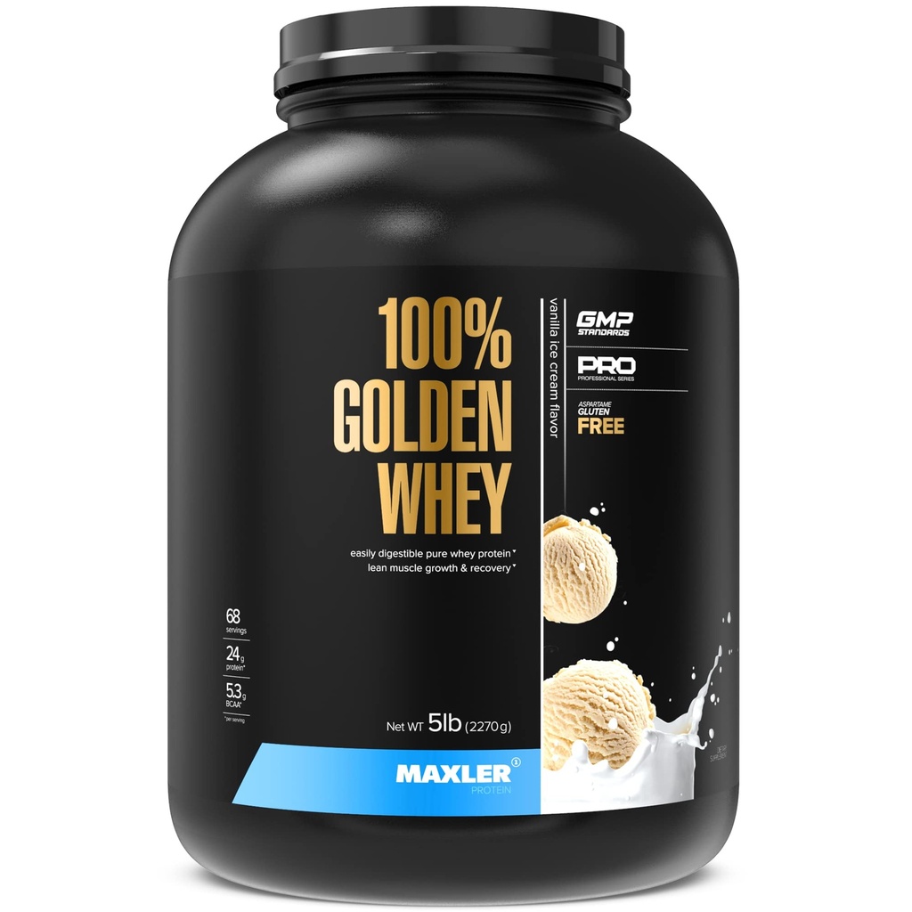 Maxler 100% Golden Whey Protein - 24g de protéines par portion - Premium Whey Protein Poudre pour pré-entraînement - Fast Absorbing Whey Concentrate, Isolate & Hydrolysate Blend - Vanilla Ice Cream 5 lb
