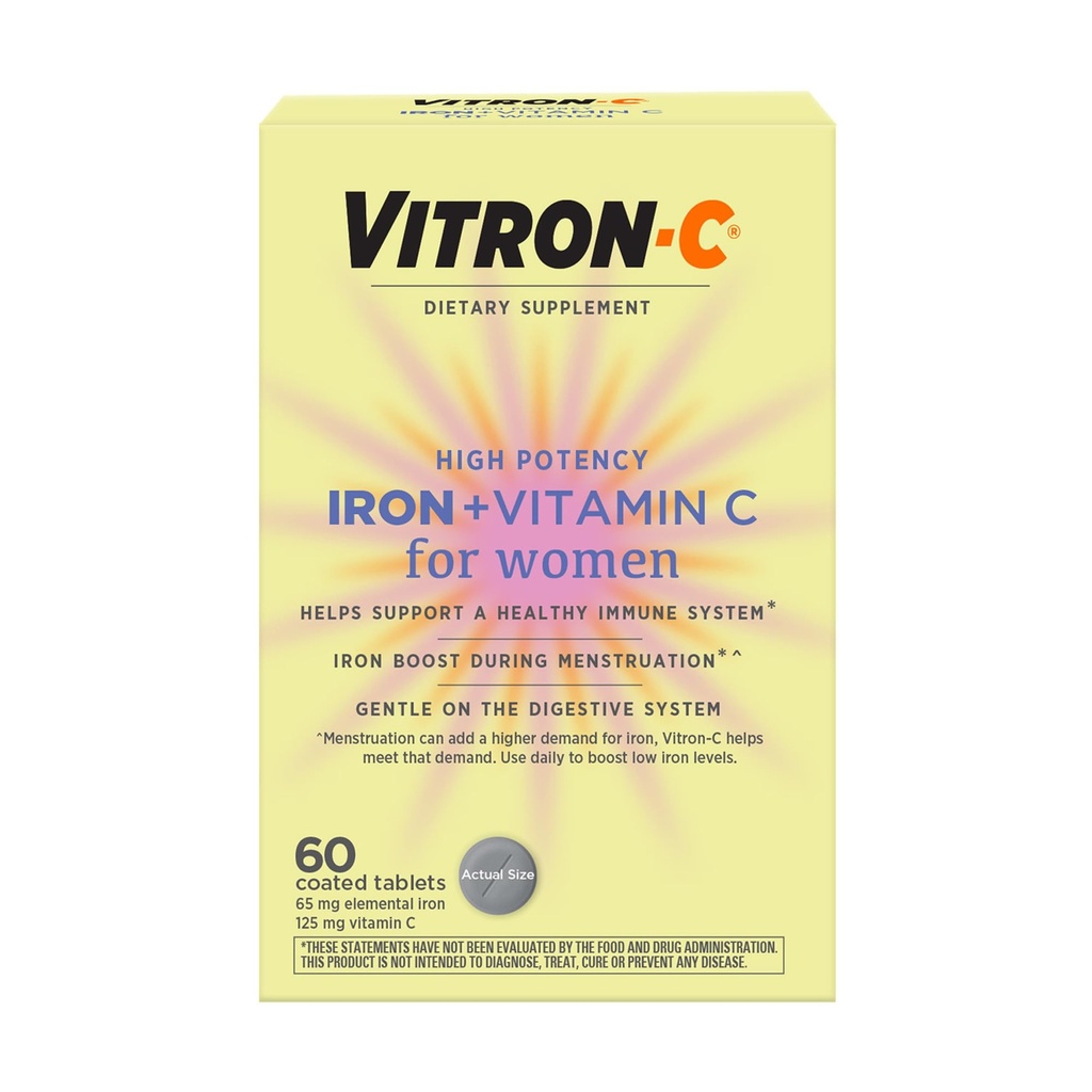 Supplément de fer Vitron-C pour les femmes avec de la vitamine C, pour la production de globules rouges et le soutien immunitaire, compte 60