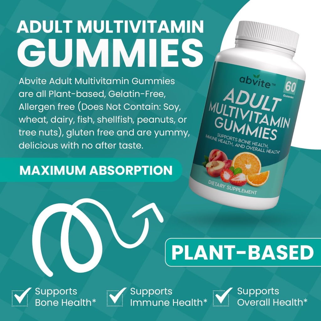 Pflanzenbasierte Multivitamin-Gummien, Tägliche Multivitamine für Männer und Frauen mit Vitaminen A, C, D, E, B-3, B-6, B-12, Biotin, Inositol, Non-GMO, Glutenfrei, 60 Zähler (30 Tage Versorgung)
