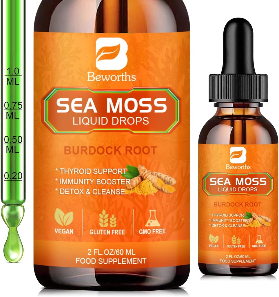 Sea Moss Liquid Drops - Organic Irish Sea Moss Raw Gel mit Burdock Root, Tumeric, Spirulina, Seaweed Moss Gel Supplement für Gut Health & Antioxidant Supports - 2 Fl Oz