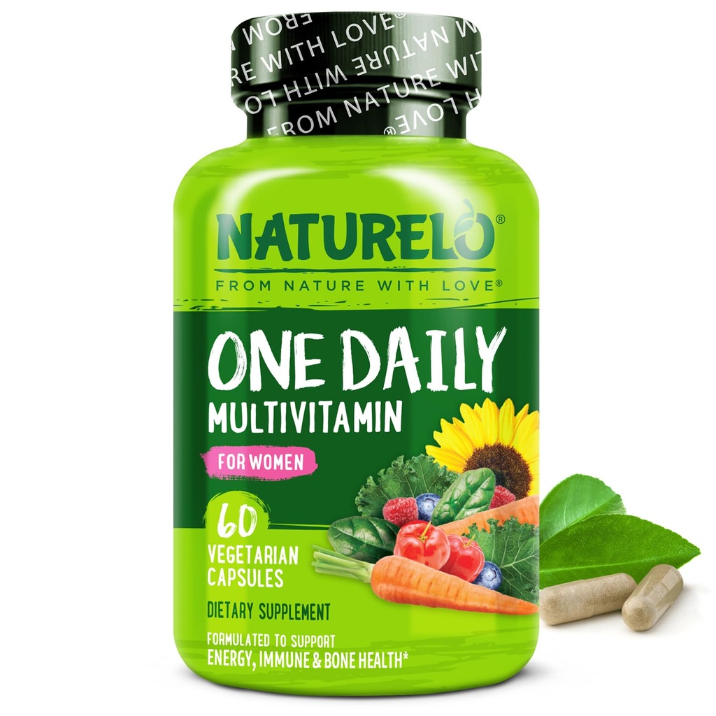 NATURELO Une multivitamine quotidienne pour les femmes avec/Vitamine B12, 60 Ct, soutien énergétique, aliments entiers Supplément de multivitamine quotidienne pour les femmes, cheveux/peau/nail, non-OGM, sans soja, sans gluten, 2 mois d'approvisionnement