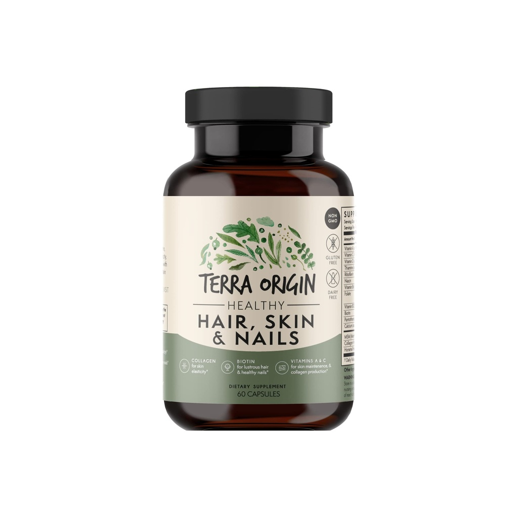 ORIGINAL TERRA Supplément cheveux, peau et ongles sains, collagène, biotine, queue de cheval et complexe B Soutient la force des cheveux, l'élasticité de la peau et la croissance des ongles