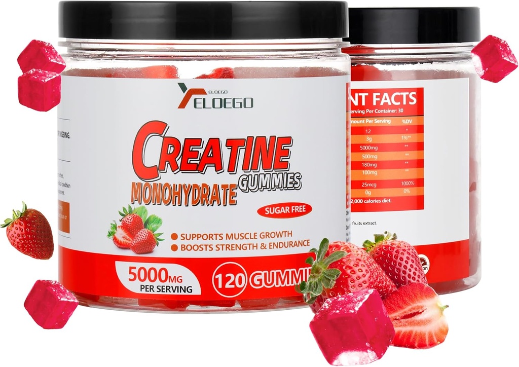 Kreatin Monohydrat-Gummi 5000mg Zucker Frei für Männer und Frauen, mit L-Taurine + Vitamin B12 für Muskelkraft, Muskelaufbau, Energieschub, Pre-Workout-Ergänzung, Erdbeere, 120 Zähler