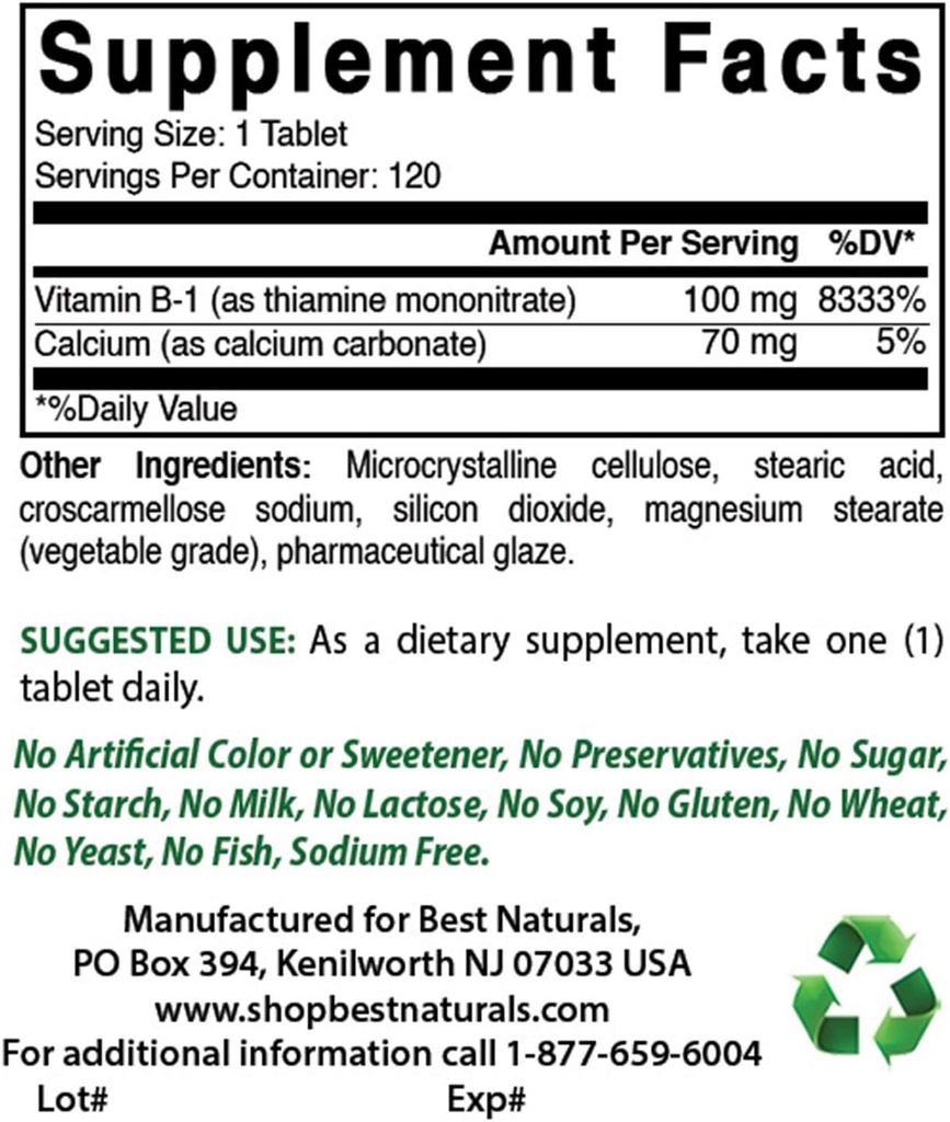 Meilleurs naturels vitamine B1 comme mononitrate de thiamine 100 mg et vitamine B-6 25 Mg
