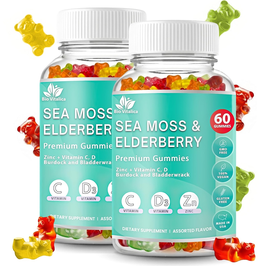 BIO VITALICA Sea Moss Gummis Elderberry BioVitalica - Vitamin C D + Zink - Irish Seamoss Vegan Gummy mit Sea Moss Gel & Powder für Immunität, Detox - für Erwachsene und Kinder (2Packs)