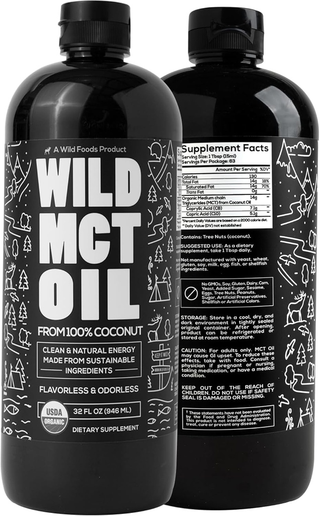 Huile MCT sauvage de noix de coco biologique – 32 fl oz – de noix de coco 100% naturelle – sans saveur et sans odorat C10/C8 MCT L'huile pour l'énergie et le soutien cognitif – Keto-friendly – Parfait pour le café, Shakes & Recettes