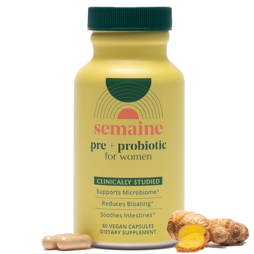 Semaine Super Powered Prebiotic + Probiotic for Women, Effective 3-in-1 Multi-Action Formula to Nourish Gut Health, Soothe IBS, Support Bloat Relief & Immunity Boost, Clinically-Studied (60 ct)