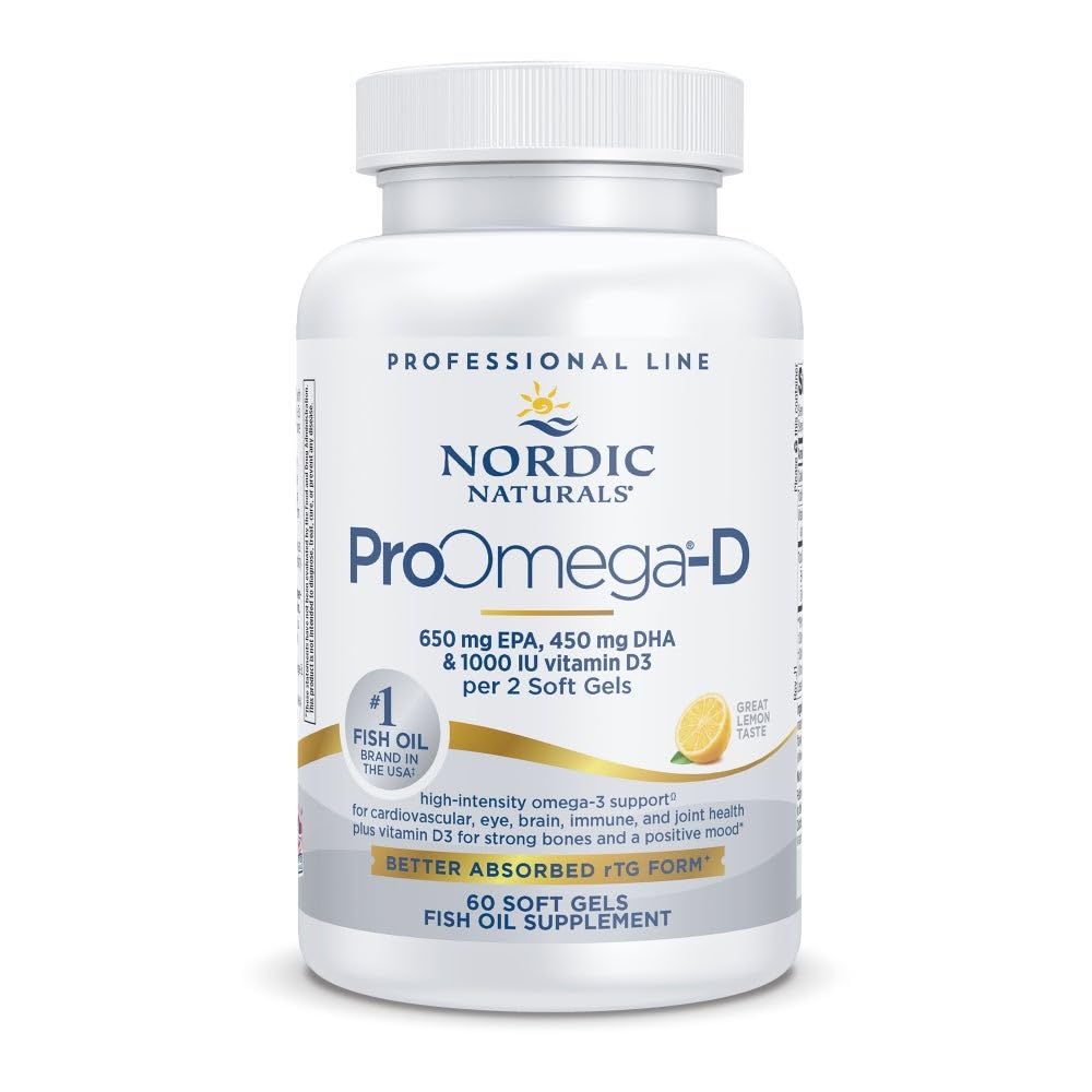 Nordic Naturals ProOmega-D, Lemon Flavor - 60 gels mous - 1280 mg Oméga-3 + 1000 UI D3 - Huile de poisson de haute puissance - EPA & DHA - Santé du cerveau, des yeux, du coeur et des immunes - Non-OGM - 30 portions