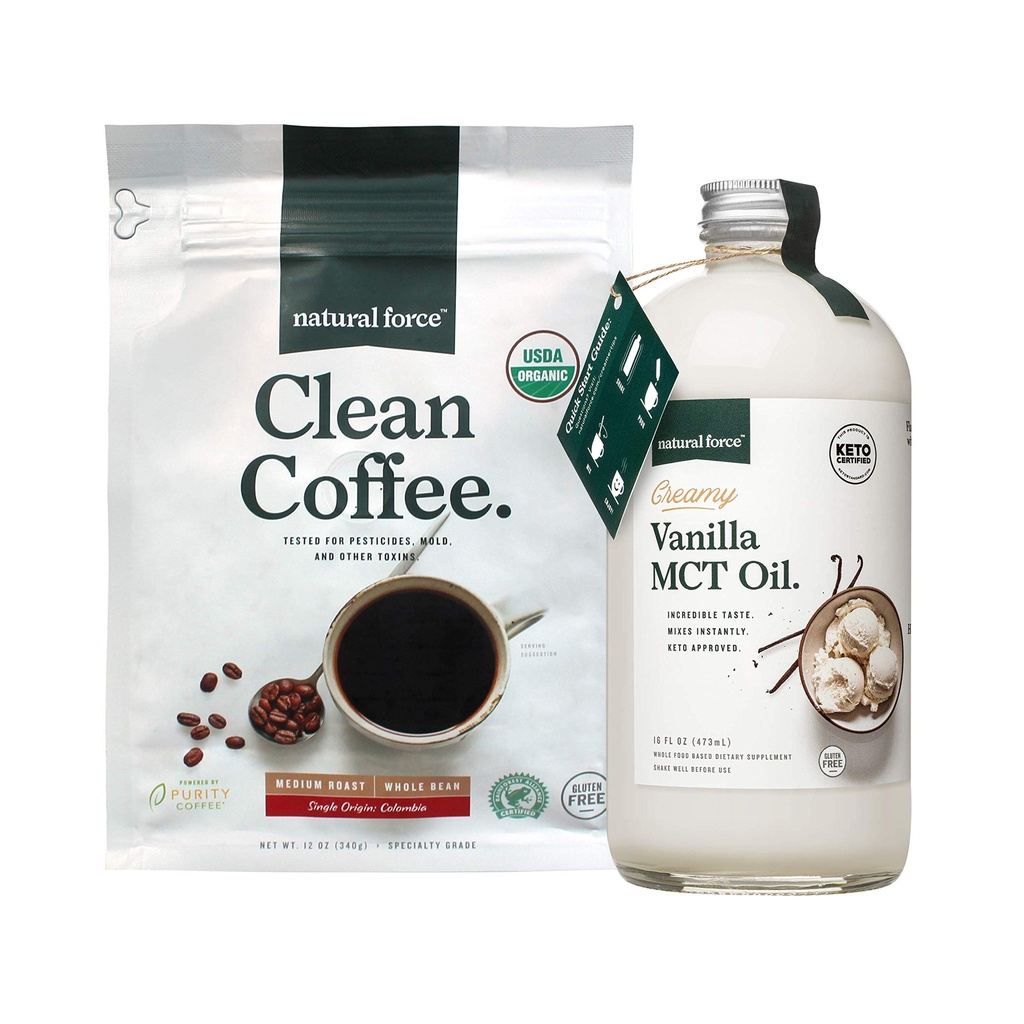 Natural Force Organic Clean Coffee + Creamy Vanilla MCT Oil Bundle – Flavored MCT Creamer & Mold & Mycotoxin Free Coffee – Non-GMO, Keto, Paleo und Vegan - 12 Oz Bag und 16 Oz Glasflasche
