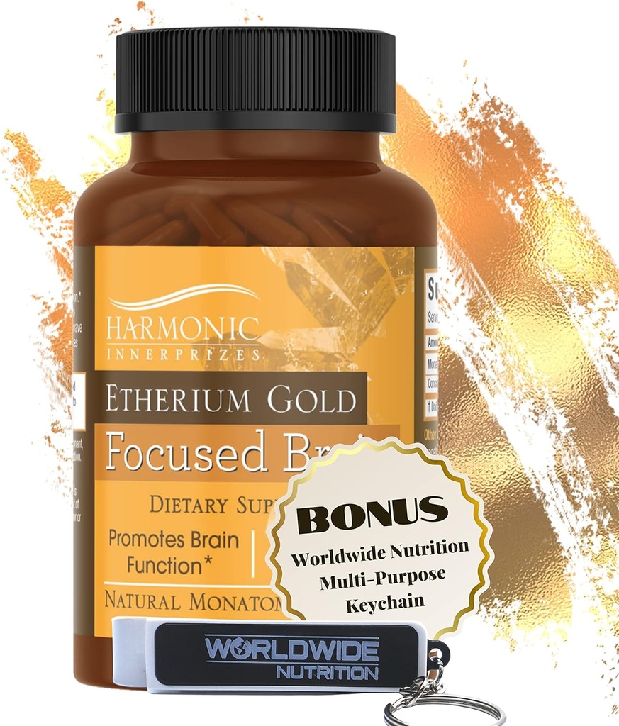 Ensemble alimentaire mondial: Harmonic Innerprizes Etherium Gold Focused Cerveau Dietary Supplement - 240 Count Veggie Capsules - Supplément de soutien mémoire avec porte-clés multi-purpose
