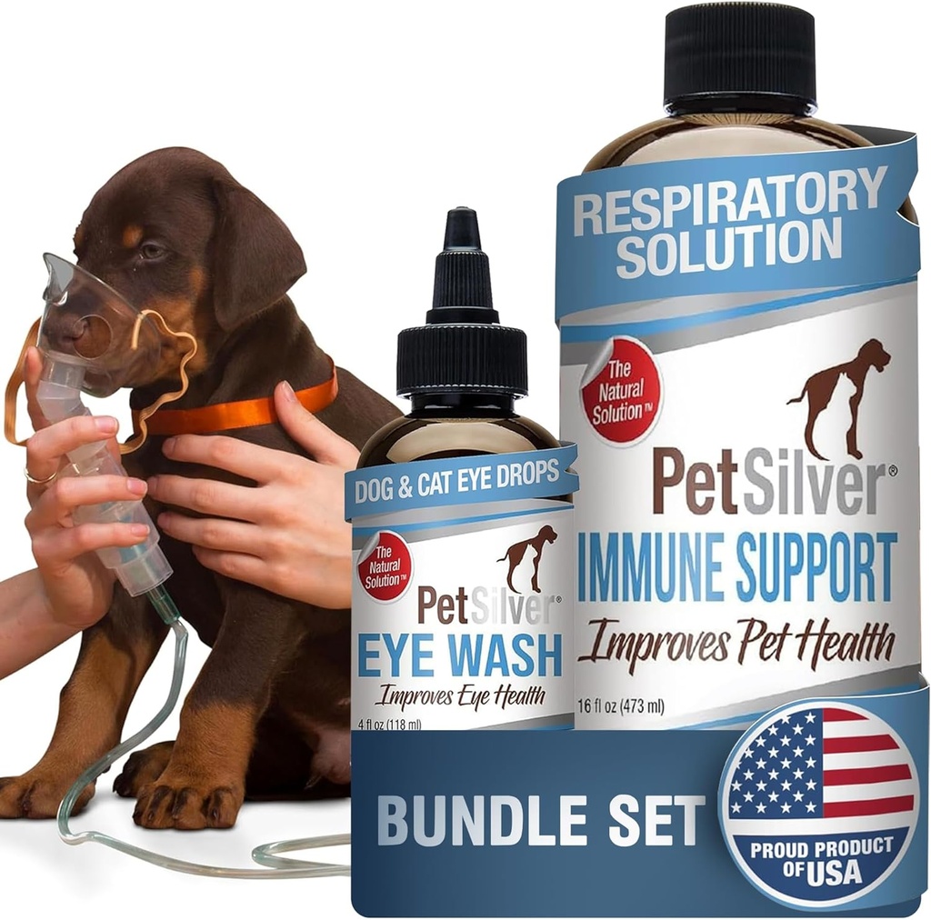 PetSilver - Immununterstützung (16 fl oz) und Eye Wash (4 fl oz) mit patentiertem Chelat Silber - Allergien, Sinus & Cough Treatment - Augenreiniger & Tear Stain Remover für Katzen und Hunde - Made in USA