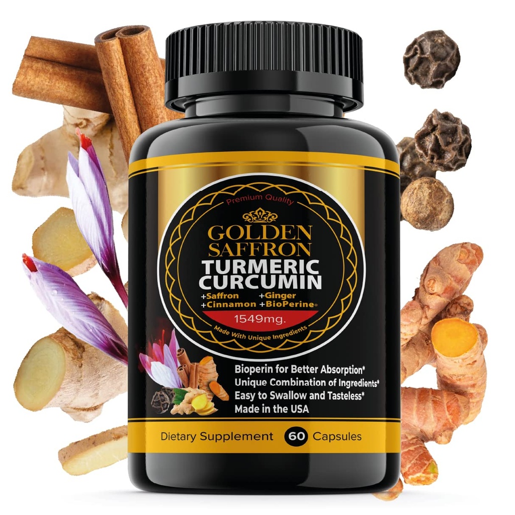 GOLDEN SAFFRON Curcumina curcuma erboristica Integratore con Bioperine, Zafferano, Cannella e Ginger - Alta potenza, Non OGM, Integratore senza glutine per una migliore efficacia. Made in Italy