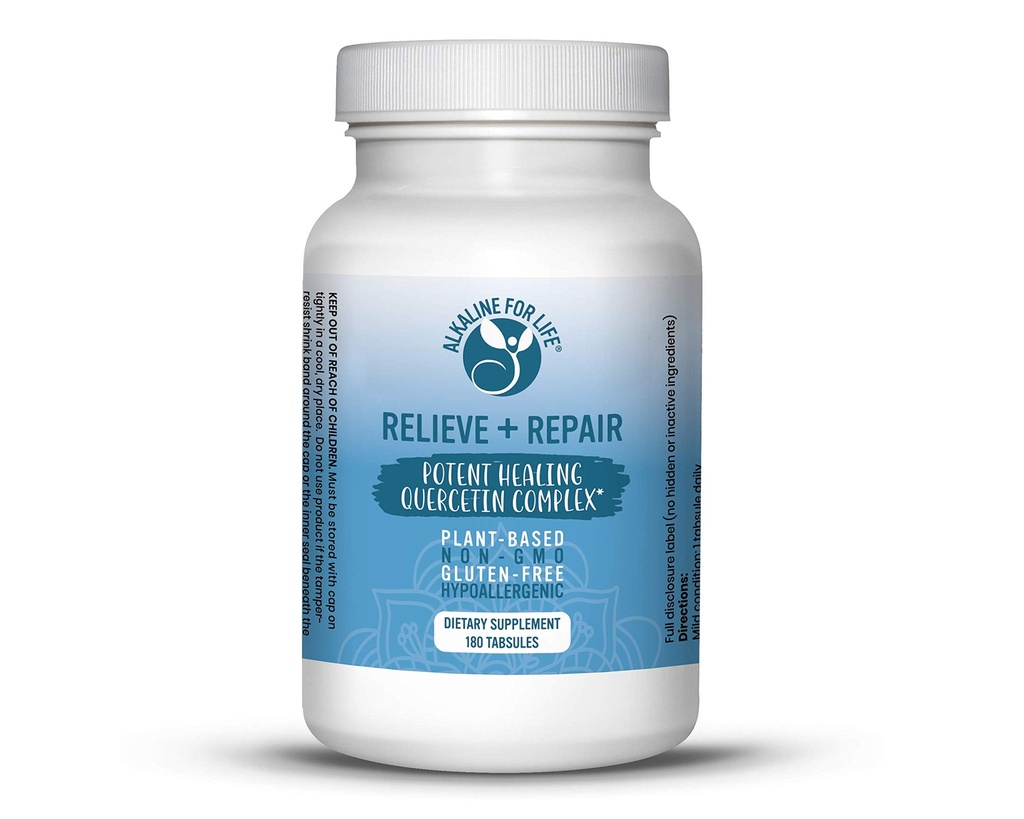 Relieve + Repair Quercetin 1000mg, Poudre de jus de grenade, Supplément aux antioxydants OPC - Pure Quercetin Dihydrate -Forme préférée pour la biodisponibilité (180 Tables faciles à avaler)