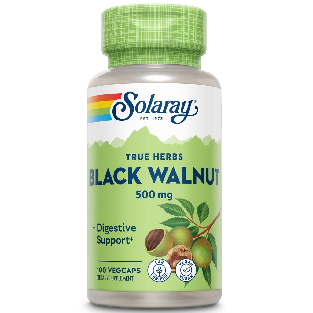SOLARAY Noce nera 500 mg - Intero scafo - Formula tradizionale di supporto a base di erbe - Non OGM Verificato, Vegan, Lab verificato - 60 giorni di garanzia - 100 Serve, 100 VegCaps