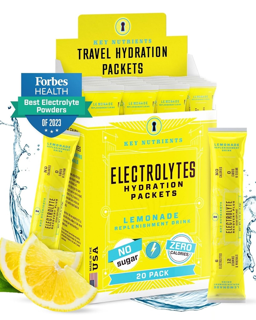 KEY NUTRIENTS Elektrolyte Pulver-Packets - Refreshing Lemonade 20 Pack Hydration Packets - Travel Hydration Powder - Kein Zucker, keine Kalorien, Glutenfrei - Made in USA
