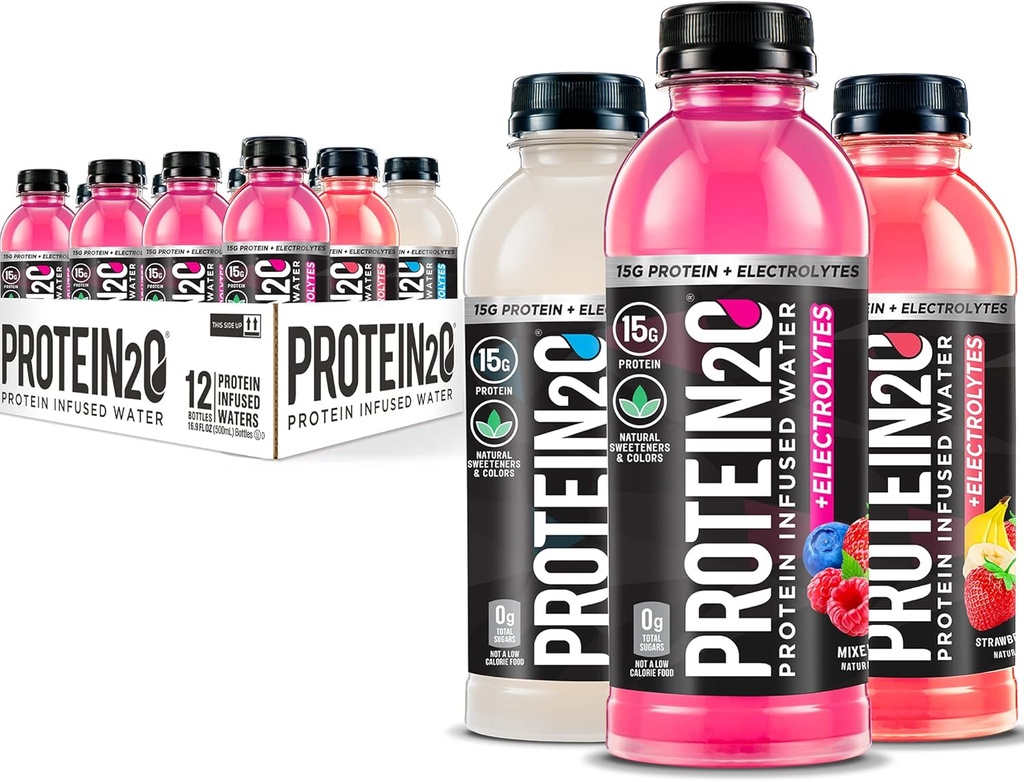 Protéine2o 15g Protéine Isolée Infusion d'eau Plus d'électrolytes, boisson sportive sans sucre, prête à boire, sans gluten, sans lactose, boîte de variétés d'électrolytes, 16,9 fl oz bouteille (12 Compte)