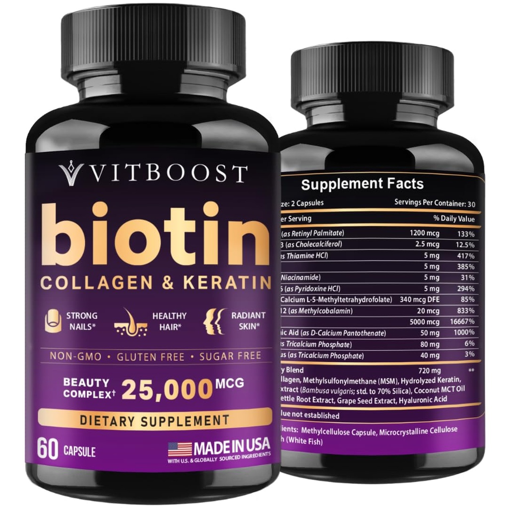VITBOOST Biotin with Hyaluronic Acid, Collagen and Keratin – 25000 mcg Hair Growth Vitamins for Men and Women – Nails and Skin, USA Made - Third Party Tested, B1, B2, B3, B6, B7 Complex - 60 Capsules