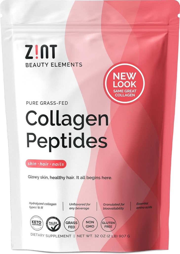 Zint Collagen Peptides Powder (32 oz): Paleo-Friendly, Keto-Certified, Grass-Fed hydrolysed Collagen Protein Supplement - Unflavored, Non GMO
