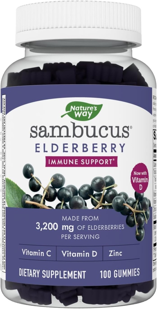 Nature's Way Sambucus Elderberry Gummies - Immununterstützungsergänzung für Kinder & Erwachsene* - Mit Vitaminen C, D3, Zink & Antioxidans Support* - Glutenfrei & Vegetarisch - 100 Gummi