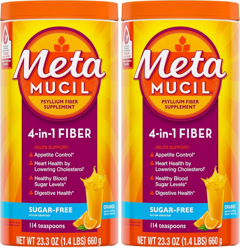 Metamucil, Tägliche Psyllium Husk Pulver-Ergänzung, Zuckerfreies Pulver, 4-in-1 LWL für Verdauungsgesundheit, Orange Flavored Drink, 114 Teelöffel, 1.4 Pfund (Pack von 2)