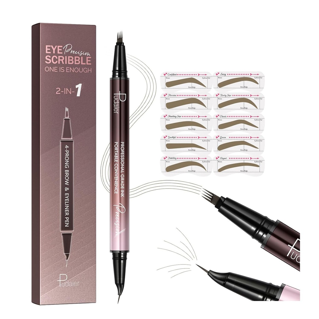 Pudaier 2-in-1 Curved Eyebrow Pen & Eyeliner mit 10Pcs Brow Stencils, Microblading Eyebrow Pencil, Wasserdicht &amp; Langlebig, Trüffel