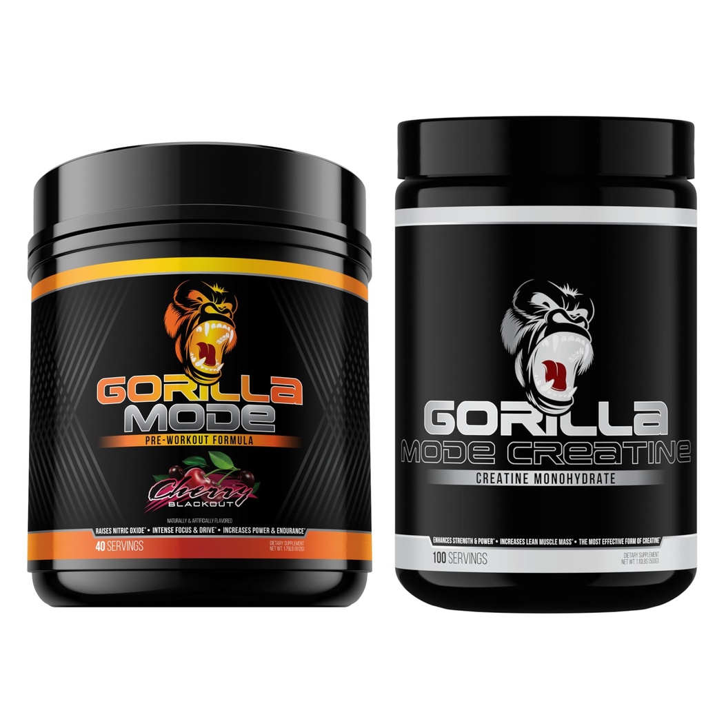 Gorilla Mind Pre Workout (Cherry) + Kreatin (100 Serv.) - Umfassendes Stack für verbesserte Stärke, Leistung und Muskelgröße