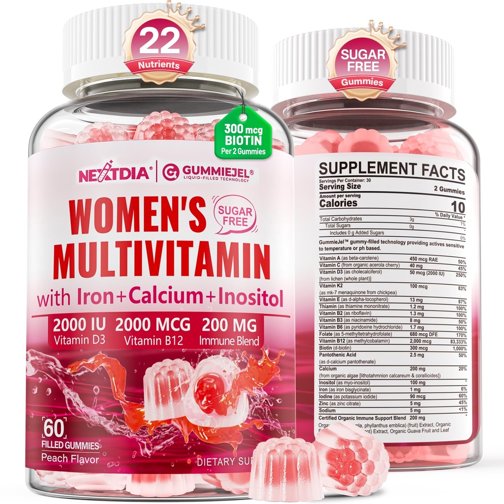 Multivitaminico etilato per donne Gummies, Calcio, D3 K2, Methylfolate & B12, Inositol, Vitamina giornaliera A, C, E, B Complex, Biotina, Ferro - Energia, Immune, Bone, Pelle, Capelli - Vegan, Sugar Free, 60 Conte