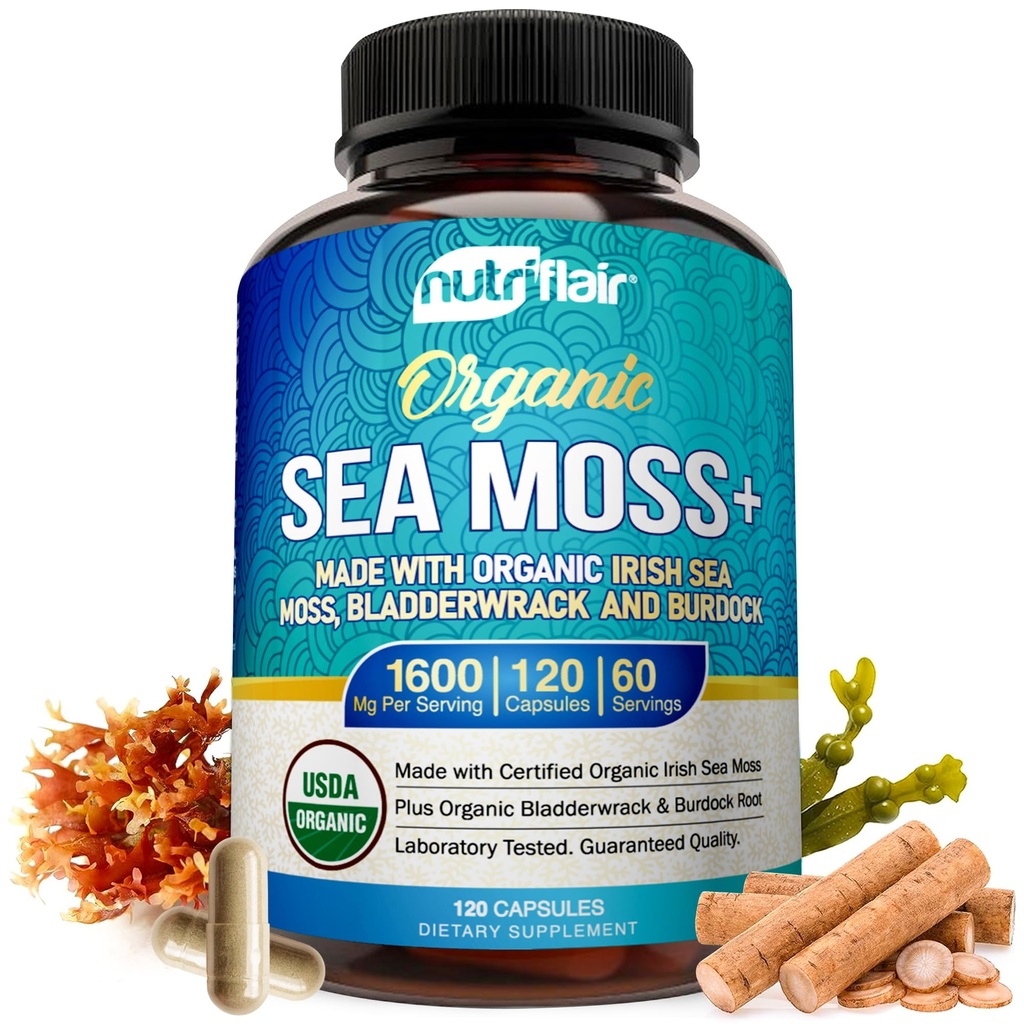 NutriFlair Organic Sea Moss 1600mg, 120 Capsule Plus Bladderwrack & Burdock - Prebiotic Super Food - Sistema immunitario e salute digestiva - tiroide, pelle sana, Keto Detox, Gut