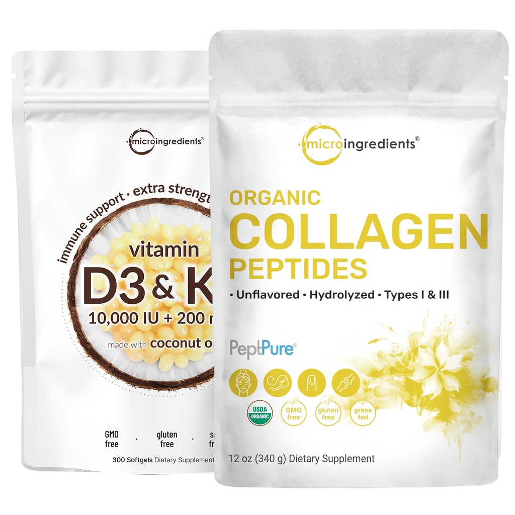 Micro-ingrédients Vitamine D3 10000 iu + K2 200 mcg Huile de noix de coco Softgels & Organic Collagen Peptides Powder Bundle 2 Pack