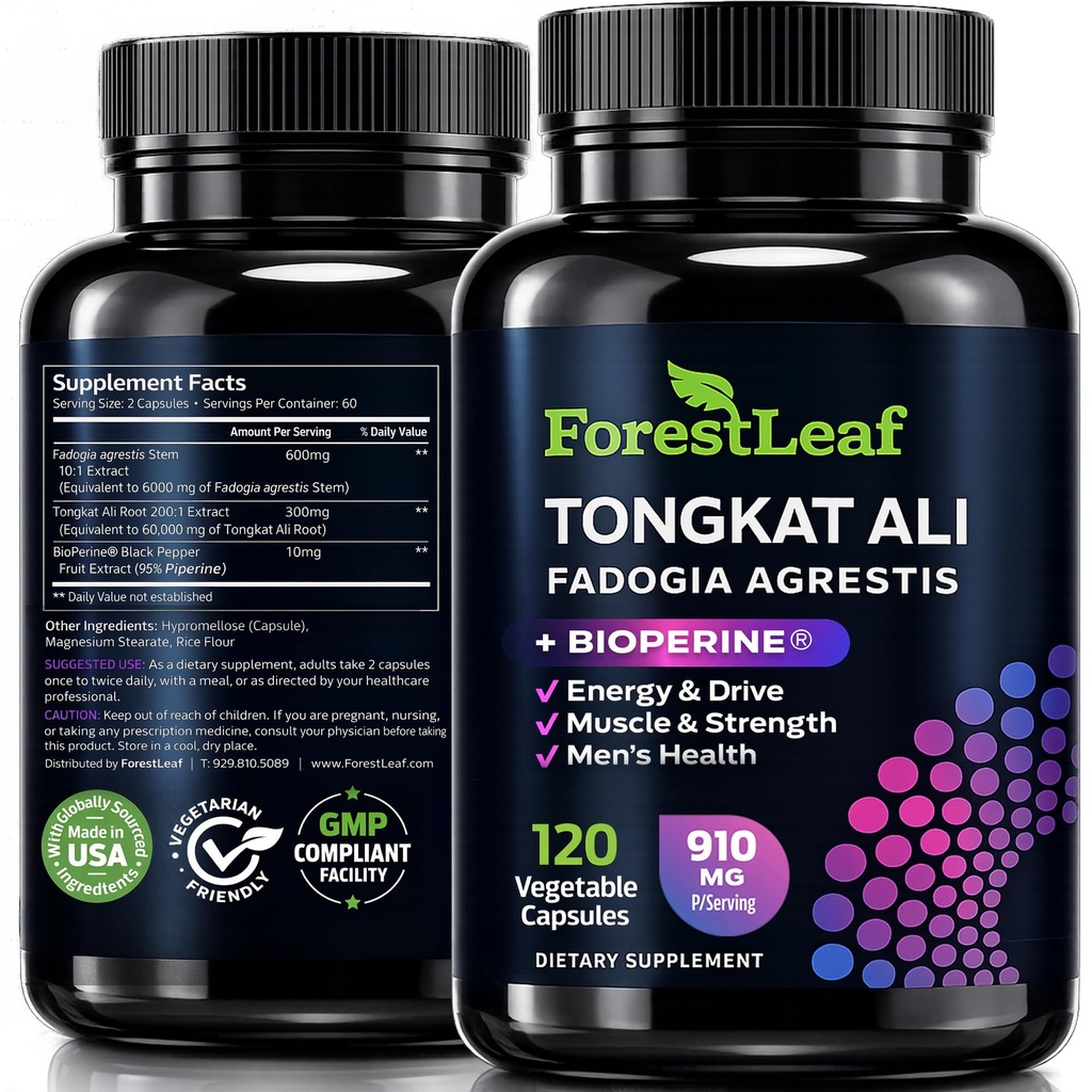 Tongkat Ali et Fadogia Agrestis pour les hommes Supplément w/BioPerine - Tonkat-Ali Max Strength 200:1 Extrait - Long Jack Tongkat-ali pour les hommes - Croissance musculaire, performance et énergie - 120 capsules en poudre