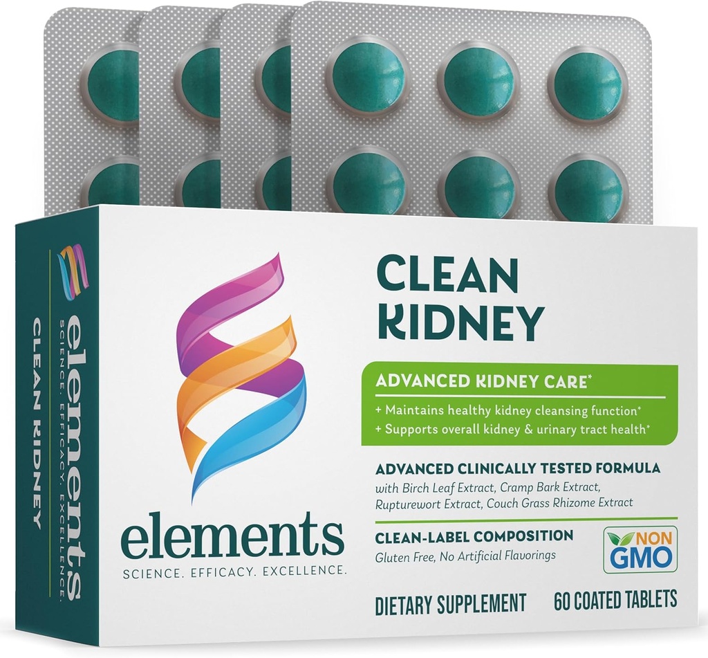 Elementi Clean Kidney, 60 compresse (30 giorni di alimentazione), Supporta la funzione normale del rene e del tratto urinario, senza glutine,