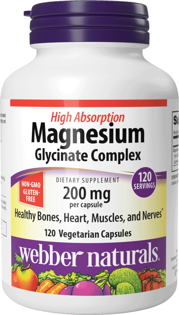 Webber Naturals Magnesium Glycinate Complex 200 mg, 120 vegetarische Kapseln, hohe Absorptionsformel, unterstützt Knochen, Herz, Muskeln & Nerves, Ein- pro Tag, Vegan, Neues Label!