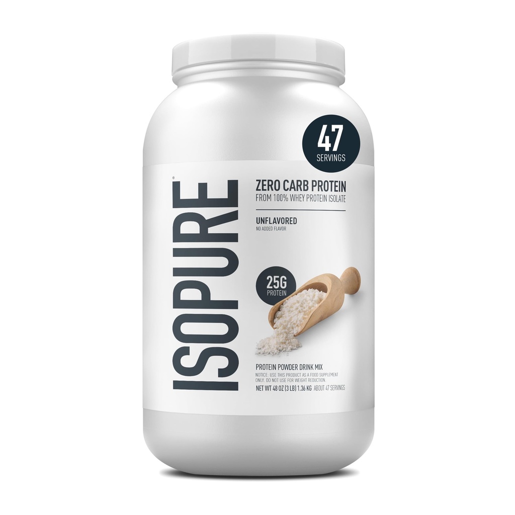 Isopure Zero Carb 100% Pure Whey Isolate Protéines Poudre, sans gluten, avec des vitamines, non aromatisées, 25g de protéines par portion, 3 Lb, 47 portions (paquetage mai Vary)