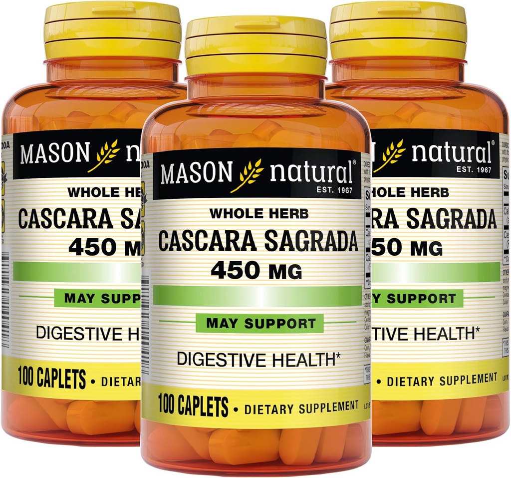 Mason Natural Cascara Sagrada 450 mg, Kräuterergänzung für normale Verdauungsfunktion Unterstützung, 100 Caplets (Pack mit 3)