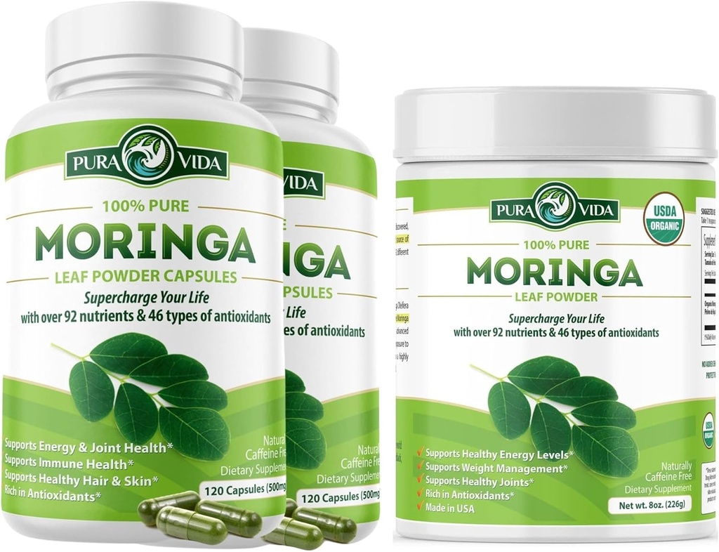 Moringa Capsules 120ct. 500mg Caps. (Pack de 2) et Moringa Poudre 8 oz.