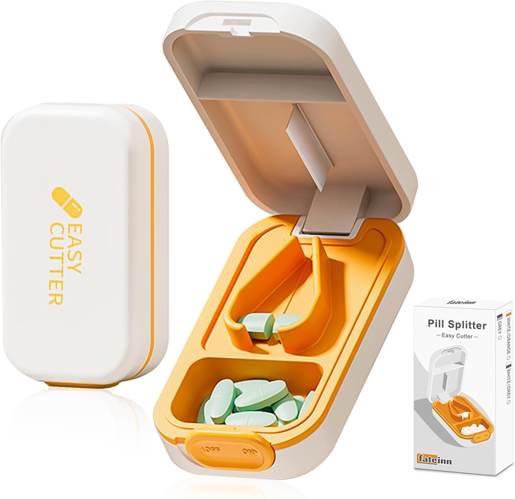 Petit cutter à pilules, Splitter pour les pilules minuscules, Serrure de sécurité, Facile à ouvrir Fermer, Professionnel (Orange Blanche)