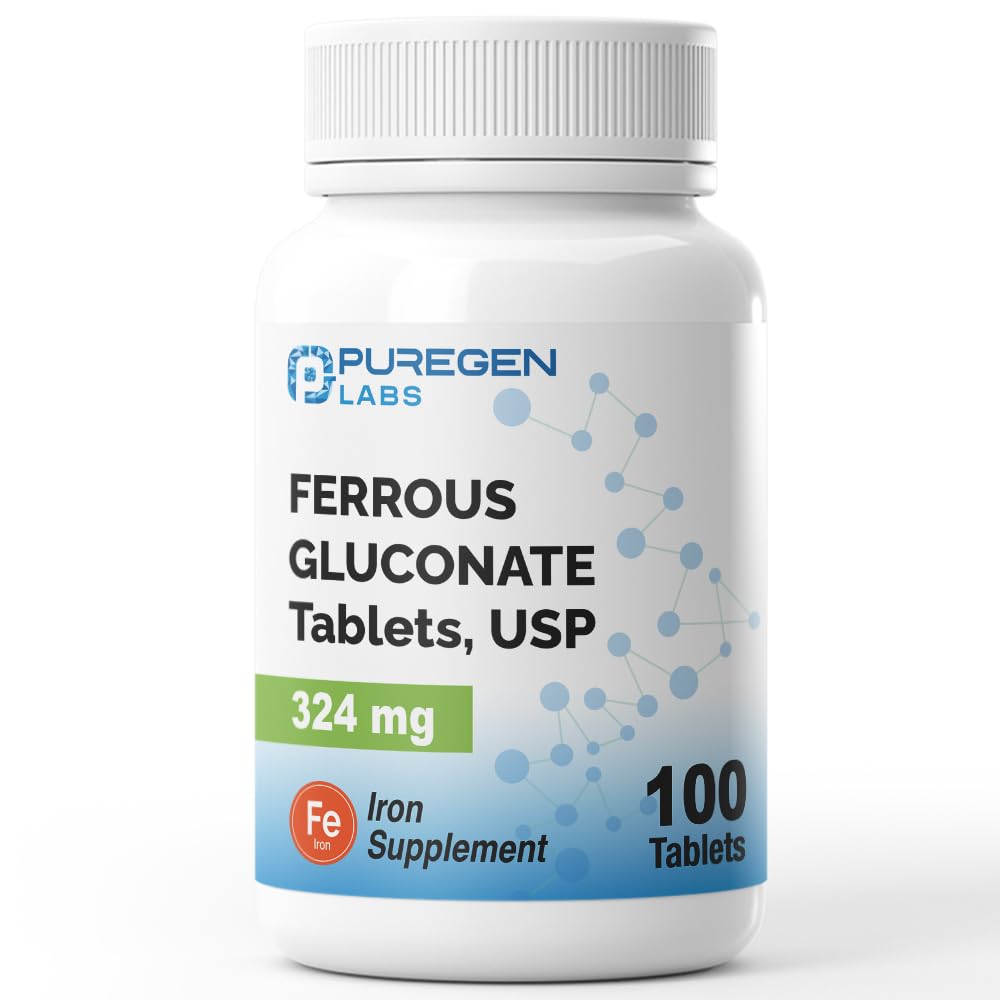 Puregen Labs Gluconate de fer 324 mg [High Potency] Supplément de fer, doux sur l'estomac - 100 comprimés