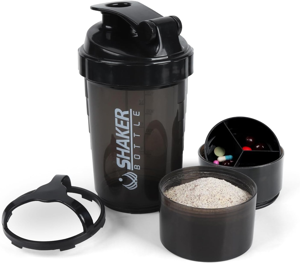 Shaker Bottle - Protein Shaker Cup mit Storage Compartments - Leak-proof Workout Shake Bottles mit Mixer für glatte Mischung-500ML/16oz (PURE BLACK)
