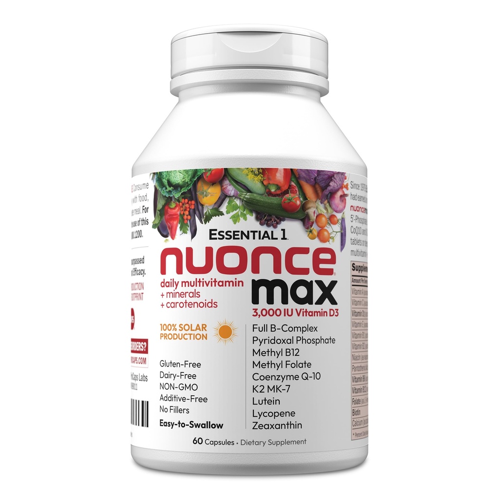 ANDREW LESSMAN Essential-1 nuonce max Multivitamin 3000 IU Vitamina D3 60 Piccole capsule. 100 mcg Methyl B12. CoQ10 Lutein Lycopene Zeaxantina. Alta potenza. Niente additivi. Ultra-Mild One Daily Capsule