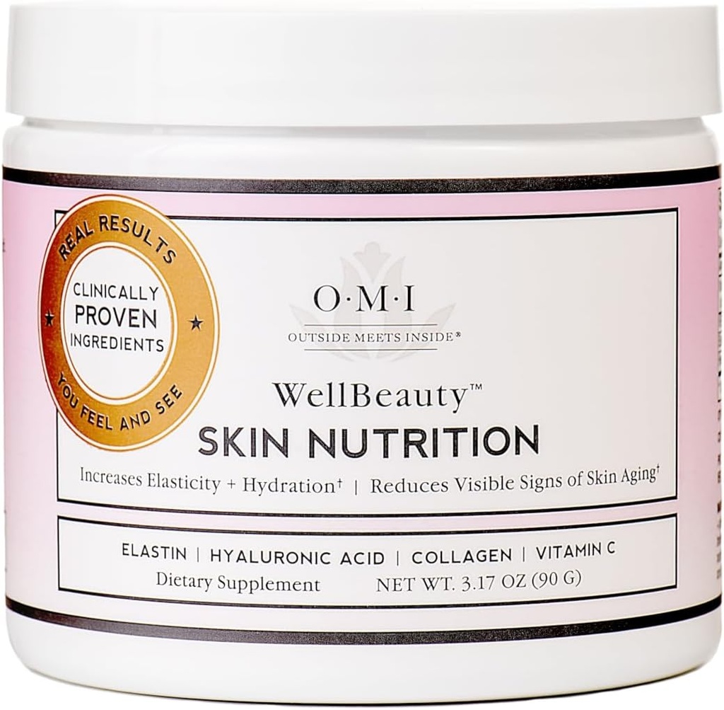 Nutrition cutanée OMI Wellbeauty, cliniquement prouvée pour augmenter l'élasticité et réduire les signes visibles du vieillissement de la peau, Élastine marine française, Collagène, Acide hyaluronique, Vitamine C, 1 mois d'approvisionnement, 3,17oz