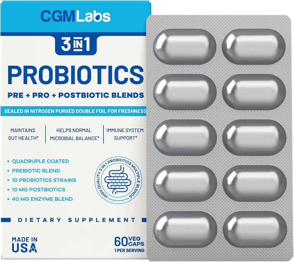 Probiotici 3 in 1 - Prebiotici + Probiotici + Postbiotici Tutto in uno! Azoto Purged, singolarmente imballato in Double-foil Blister per freschezza - 60 tappi di Veg di CGM Labs