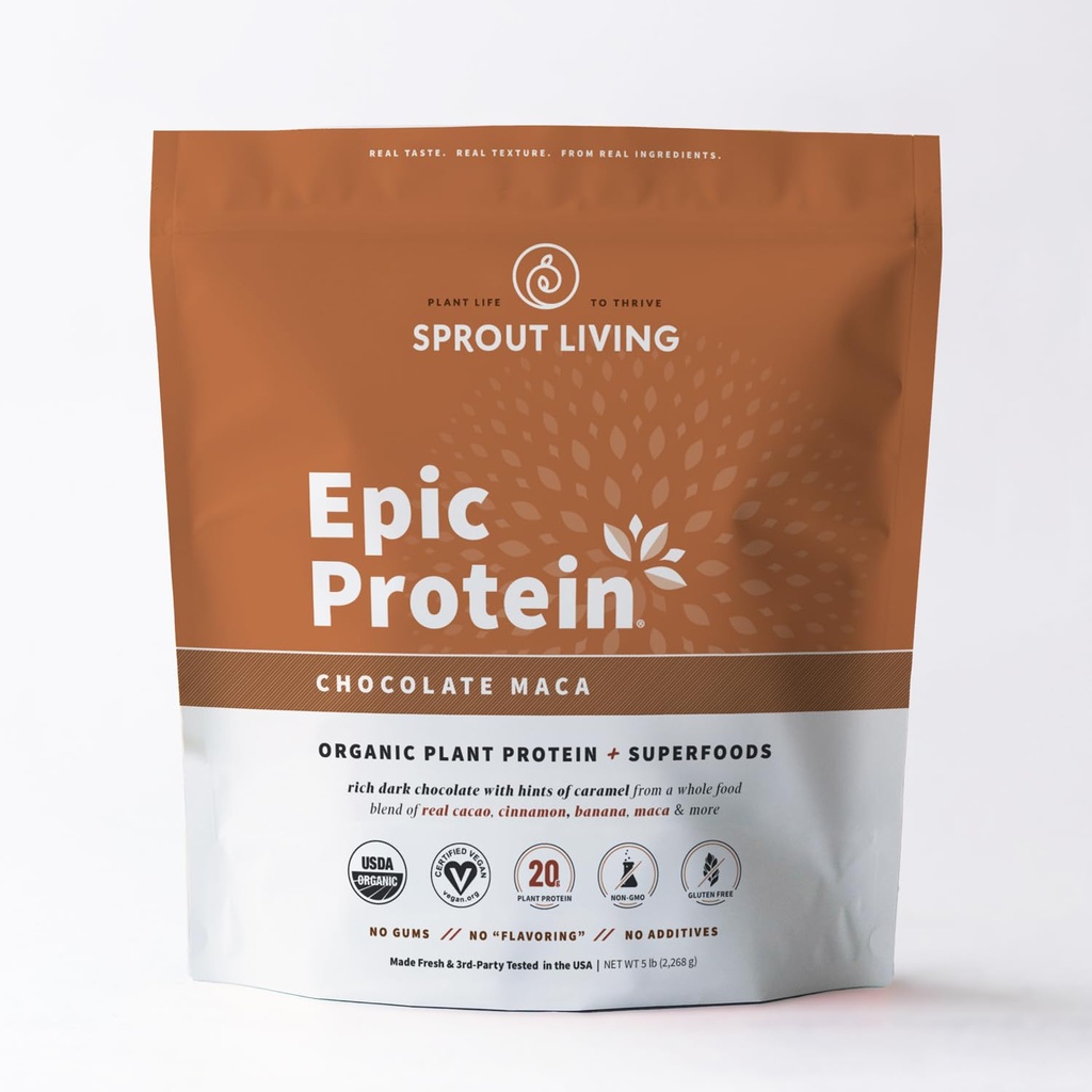 Sprout Living Epic Protein, Plant Based Protein & Superfoods Powder, Chocolate Maca Powder | 20 Grams Organic Protein Powder, Vegan, Non Dairy, Non-GMO, Glutenfrei, Low Sugar (5 Pfund, 60 Portionen)