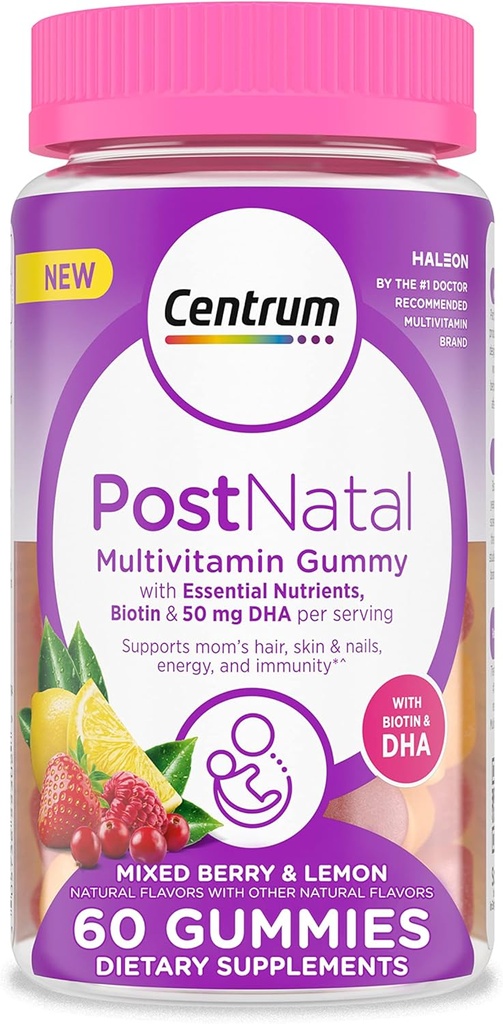 Gummie di Multivitamina Postnatale Centrum con Biotina e DHA, Aroma di Bacca Mista e Limone - 60 Conte, Alimentazione di 30 giorni