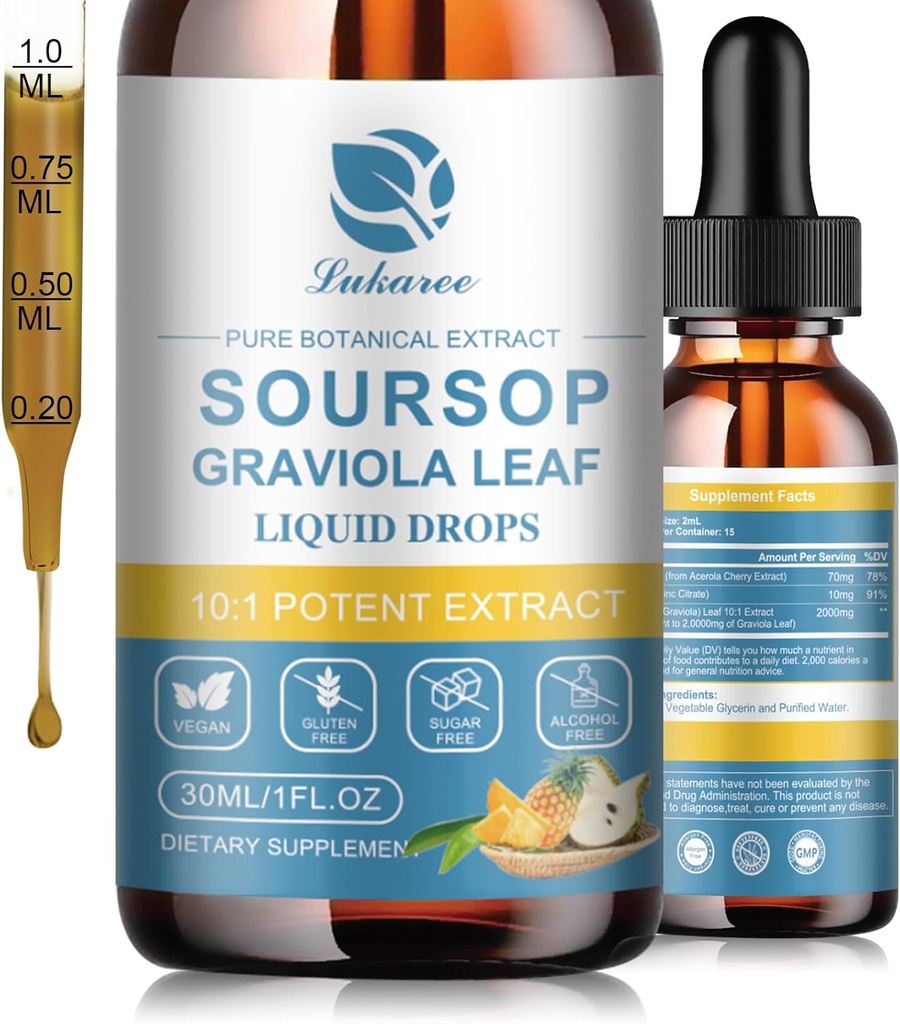 Lukaree Natura Soursop Bitters Liquido, 15 giorni di fornitura Graviola olio per il supporto cellulare & rigenerazione, antiossidante, Boost immunitario, digestivo, senza zucchero, senza glutine, Sour SOP Multivitamin Drops 1 FL OZ