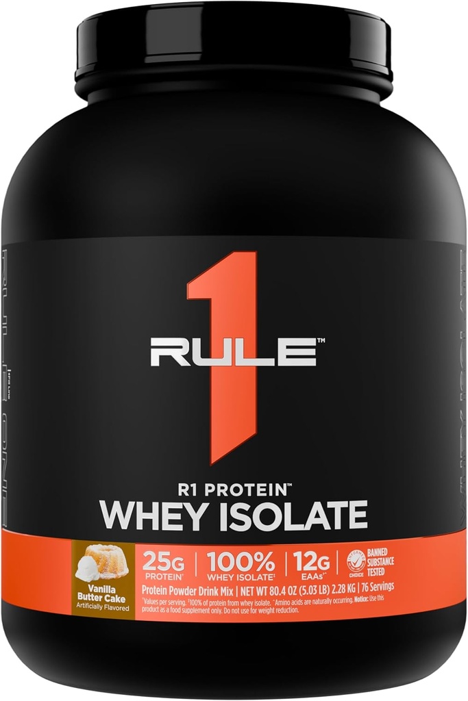 Rule 1 R1 Protein Whey Isolate - with 25g Protein & 6g BCAA Exclusively from Isolated & Hydrolyzed Sources for Workout Recovery (5 Pounds*, Vanilla Butter Cake)