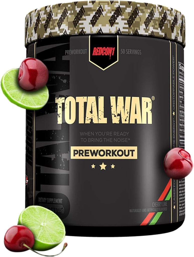 REDCON1 Total War Pre Workout, Cherry Lime - Beta Alanine + Citrulline Malate Vegan & Keto Friendly Preworkout für Männer und Frauen mit 320mg Koffein (50 Servierungen)