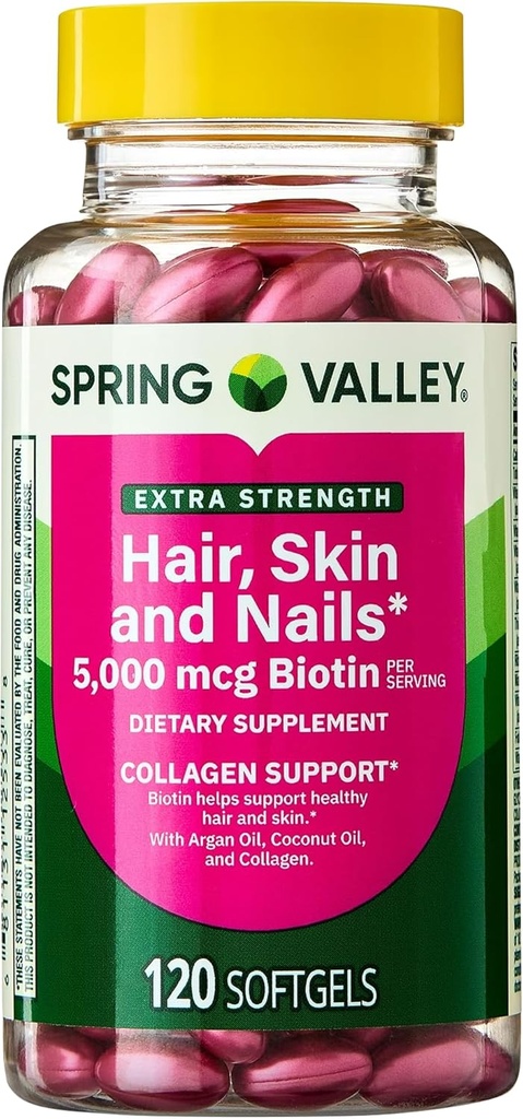 Spring Valley Extra Strength Hair, Skin, & Nails Collagen Support Softgels, 5000 mcg Biotin, 120 Count, Biotin for Hair Nail Skin Support, Vitamine für Damen