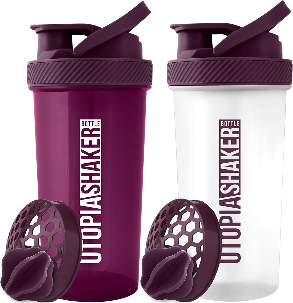 Bouteilles d'Utopia Home Protein Shaker - (Pack of 2) Bouteilles d'Utopia Home Protein Shaker pour mélange de protéines - Fitness Sports Classic Protein Shaker Bouteille (Plum & Clear/Plum)