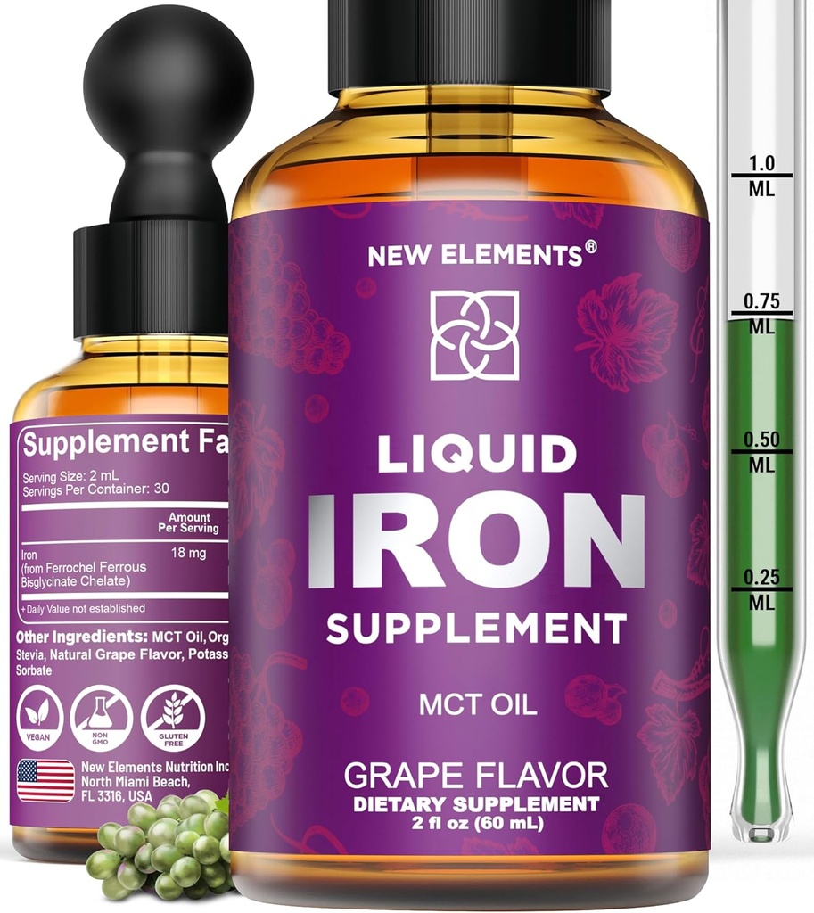 Supplément en fer pour les femmes et les hommes Constructeur de sang gratuit, Vitamine de fer pour l'anémie.Trops liquides de fer pour les adultes avec l'huile MCT, Saveur de raisin naturel, Absorption plus rapide et soutien immunitaire (2 Fl Oz)